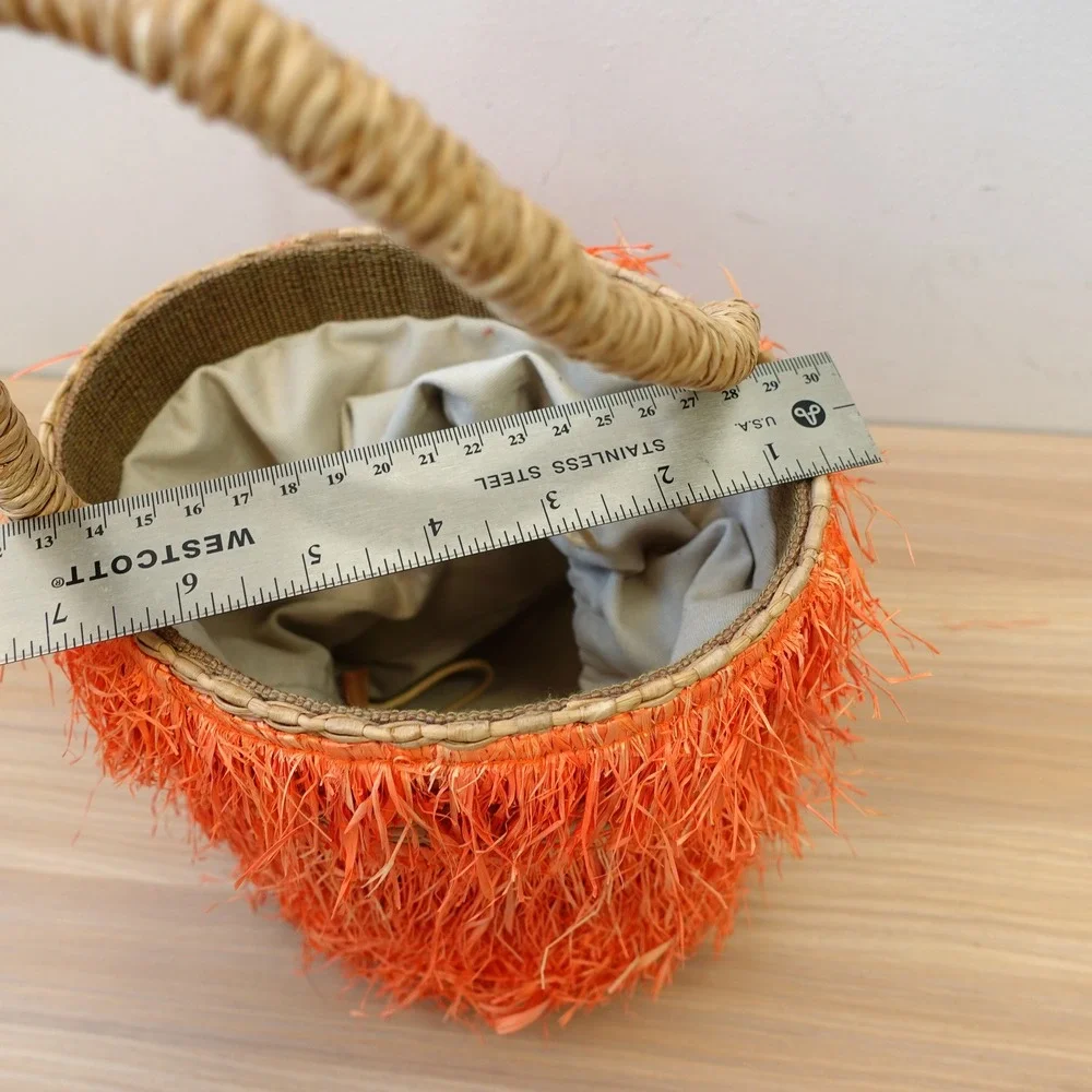 Orange Fringe‎ Straw Bucket Bag Natural Tan Basket Tote Summer Beach Boho KAYU